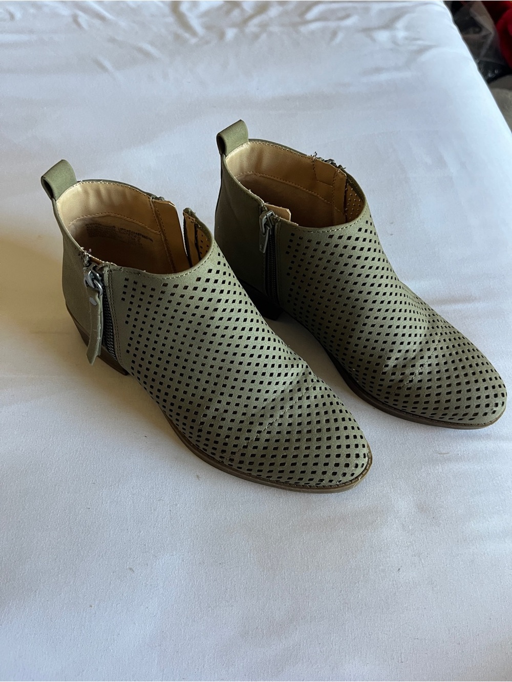 Time and Tru Olive Green Perforated Ankle Booties with Side Zipper